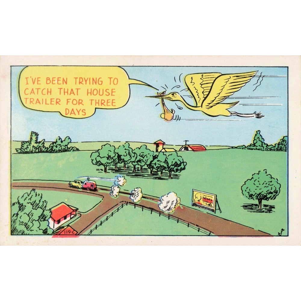 Vintage Laff Gram Stork House Trailer Humor Linen Postcard Baxtone Amarillo TX